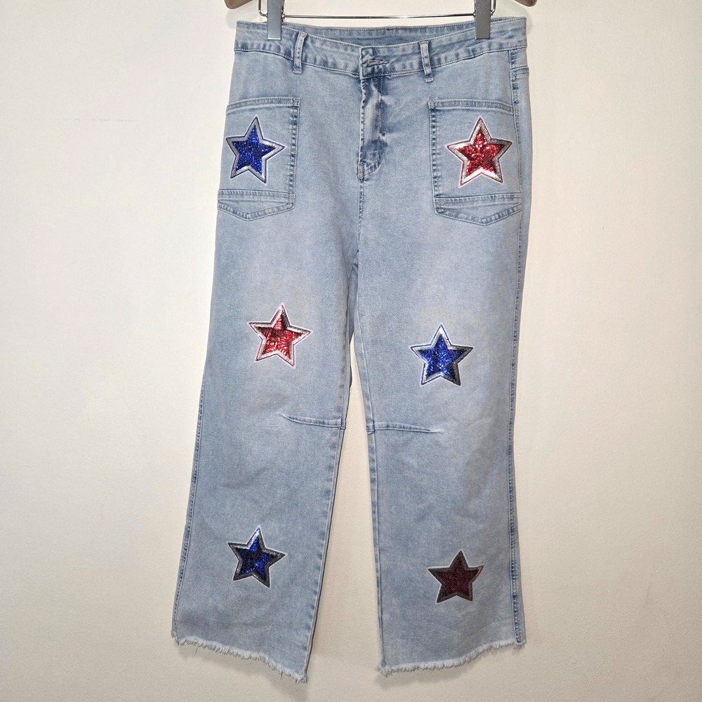 Unbranded Wide Leg Jeans Women Size 16 Light Blue Sequin Star Patch Raw Hem